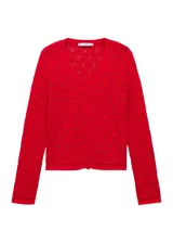 Cardigan de punto fino con diseño calado tipo crochet, cuello de pico y cierre frontal con botones. Presenta un corte recto y mangas largas.