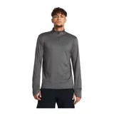 Buzo deportivo Under Armour de manga larga, color gris, con cierre frontal parcial de un cuarto y cuello alto. Presenta orificios para los pulgares en los puños y tejido elástico de secado rápido.