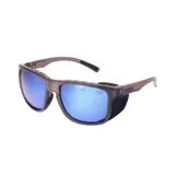 Lentes de sol MDQ modelo Ucca, con marco gris translúcido y lentes espejados azules.