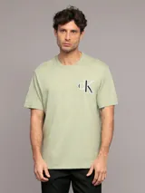 Remera verde claro de algodón regenerativo con cuello redondo, manga corta y logo CK estampado en el pecho. Corte regular.