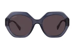 Lentes de sol Lancel con armazón de acetato en color azul traslúcido y diseño geométrico de bordes redondeados. Cuentan con cristales oscuros y el logo de la marca grabado en la lente superior.