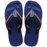 Ojotas Havaianas New Urban Way negras con tiras de tela rayadas en azul y blanco.