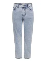 Pantalón de jean celeste claro con tiro alto, corte recto, bolsillos funcionales y presillas para cinturón.