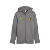 Campera deportiva con capucha Puma del Club Atlético Peñarol, color gris con detalles en amarillo. Cuenta con cierre frontal completo, bolsillos laterales y el escudo del club junto al logo de la marca en el pecho.