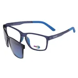 Lentes con armazón rectangular azul y clip-on solar polarizado.