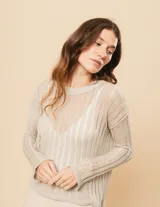 Sweater blanco de algodón con escote redondo, manga larga y calado en punto desagujado.