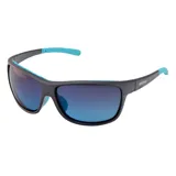 Lentes de sol deportivos MDQ modelo Sedna, con armazón envolvente color gris oscuro y detalles en celeste, con cristales espejados en tono azul.
