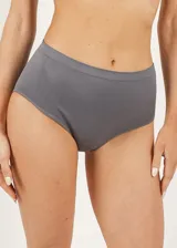 Bombacha bikini de tiro alto color rojo, confeccionada en microfibra sin costuras y con forro de algodón.