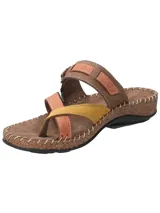 Sandalias de cuero para mujer, modelo Paradise de RKF, con diseño multicolor en tonos marrón, terracota y detalles en amarillo. Posee capellada y plantilla de cuero, tira ajustable con hebilla y suela de poliuretano efecto corcho.