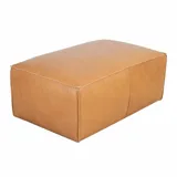 Puff rectangular de cuero color camel con costuras a la vista. Ideal para usar como asiento o reposapiés.