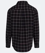 Camisa de hombre de manga larga, confeccionada en franela ligera con estampado cuadrillé en tonos oscuros y líneas finas blancas y naranjas. Cuenta con cuello clásico y abotonado frontal.