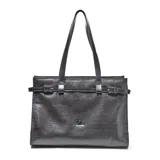 Cartera shopper de cuero negro con textura granulada, doble asa de hombro y detalles de tiras con hebillas metálicas. Cuenta con el logo de la marca en aplique metálico frontal.