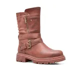 Bota marrón de caña media con hebilla y cierre lateral.