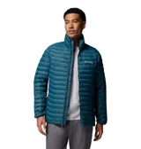 Campera técnica híbrida de Columbia, diseñada para actividades al aire libre. Presenta un cuerpo acolchado con aislamiento térmico en color azul petróleo y paneles laterales de tejido elástico en color gris oscuro para mayor movilidad. Cuenta con cierre frontal completo, cuello alto y bolsillos laterales con cierre.