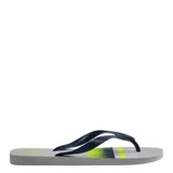 Ojotas Havaianas modelo Top Basic, color negro con diseño de franjas horizontales en tonos naranja y amarillo en la base. Presentan tiras negras con textura y logo de la marca en relieve.