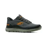 Championes deportivos Skechers modelo Summits Leyter, color gris oscuro con detalles en naranja. Presentan tecnología Hands Free Slip-ins, parte superior de tejido técnico con superposiciones hotmelt, cordones elásticos fijos y plantilla acolchada Air-Cooled Memory Foam.