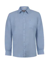 Camisa de manga larga RKF modelo Claslinen, color celeste, confeccionada en lino. Cuenta con cuello camisero, cierre frontal de botones, bolsillo en el pecho y puños ajustables con botón.
