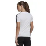 Remera Adidas Essentials Slim 3 Stripes de mujer, color blanco con las tres rayas negras en las mangas.