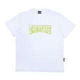 Remera blanca de manga corta con cuello redondo y estampado frontal del logo de Creature en color verde neón.