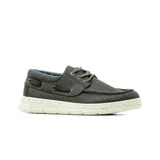 Zapato casual Hanker estilo náutico para hombre, confeccionado en lona color beige con cordones, suela blanca con efecto moteado y detalles en azul y marrón en el talón.
