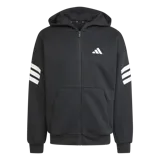 Campera Adidas negra con capucha, cierre frontal y bolsillos laterales. Presenta el logo de la marca en el pecho y las tres franjas blancas características en las mangas.