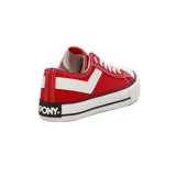 Championes urbanos de lona color rojo con detalles en blanco, suela de goma blanca con líneas negras y puntera redondeada.