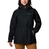 Campera impermeable larga Columbia modelo Hikebound II, de color negro, con capucha ajustable, cierre frontal con solapa, cintura ajustable con cordón y bolsillos laterales con cierre.