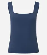 Blusa verde militar sin mangas, confeccionada en poliamida, con escote cuadrado delantero y trasero, y tirantes medianos.