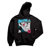 Canguro negro de algodón con capucha y bolsillo frontal tipo canguro. Presenta un estampado gráfico frontal inspirado en el personaje Vegeta de Dragon Ball, con detalles en azul, blanco y rojo.