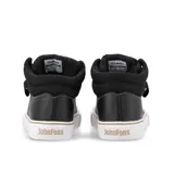 Zapatillas de caña media John Foos modelo 178 Blend Up, de ecocuero negro combinado con lona negra. Presentan apliques de lona en la lengüeta y el cuello, isologo bordado en beige, relleno espumado en el cuello, plantilla extraíble, cordones negros, ojalillos color bronce y suela exterior beige con banda y cierre de talón blancos.