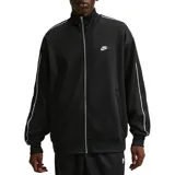 Campera deportiva Nike con cierre frontal completo, cuello alto y bolsillos laterales. Presenta un diseño en color negro con detalles de líneas blancas en los hombros y mangas, y el logo de la marca bordado en el pecho.