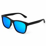 Lentes de sol polarizados con armazón negro y cristales espejados de color azul.