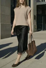 Falda midi negra de acabado satinado, corte al bies, con detalle de encaje en el ruedo.