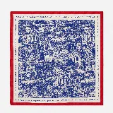 Pañuelo cuadrado de seda con estampado toile de jouy en azul y blanco, que representa paisajes urbanos de París, con borde rojo y detalle de marco con diseño de cuerda.