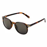 Lentes de sol con armazón carey de diseño redondo, con detalles metálicos dorados en las bisagras y cristales oscuros.