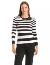 Buzo de tejido acanalado con diseño de rayas horizontales en color negro y beige, cuello redondo y manga larga.