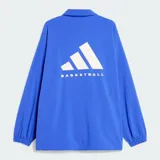 Chaqueta de entrenador de básquet adidas Basketball de corte clásico, color azul, con cierre frontal, cuello tipo camisa, bolsillos laterales con cierre y puños elásticos.