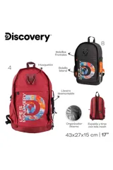 Mochila de color bordó con estampado frontal que incluye un gran logo circular con un mapa del mundo y el texto "LIFE IS DISCOVERY". Posee asa superior y correas ajustables.