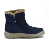 Bota casual de caña baja tipo puffer, color azul marino con interior forrado en piel sintética beige. Presenta cierre lateral y suela de goma dentada en tono beige.