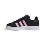 Championes Adidas Campus 00s de gamuza negra con las tres tiras rosas y suela blanca.