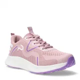 Championes deportivos Push, color gris claro con detalles en violeta y rosa. Presentan una suela blanca con detalles en violeta en la parte inferior.
