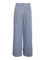 Pantalón de jean con estampado de rayas verticales azules y blancas, corte palazzo, tiro alto y cierre frontal con cremallera y botón.