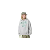 Hoodie oversize gris melange con capucha, bolsillo frontal tipo canguro y estampado gráfico en color verde en el pecho.