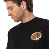 Remera negra de manga corta con cuello redondo y estampado frontal del logo de Santa Cruz en verde neón y fucsia.