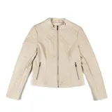 Campera de cuero sintético color beige, con diseño acolchado de rombos en el frente, espalda y mangas, cuello alto con cierre frontal y bolsillos laterales con cierre.