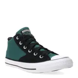 Championes Converse modelo Malden Street Hi, de caña media, con diseño bicolor en verde y negro. Presentan puntera de goma blanca, cordones negros y suela de goma vulcanizada.