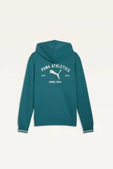 Canguro Puma modelo Class Graphic Hoodie, color crudo con capucha y bolsillo tipo canguro. Presenta un estampado en la espalda con el logo de la marca y la inscripción "Puma Athletics Since 1948".