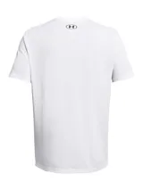 Remera de manga corta Under Armour, color blanco con el logo de la marca estampado en negro en el centro del pecho. Confeccionada en tejido de mezcla de algodón y poliéster, cuenta con cuello redondo acanalado.