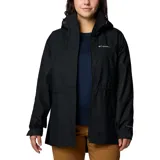Campera impermeable larga Columbia modelo Hikebound II, de color negro, con capucha ajustable, cierre frontal con solapa, cintura ajustable con cordón y bolsillos laterales con cierre.