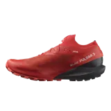 Championes de trekking Salomon S/Lab Pulsar 3 de color rojo con suela negra y detalles en blanco, diseñados para trail running.